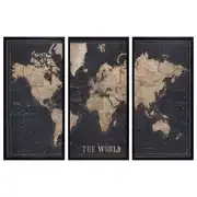 Explore - Déco murale triptyque carte du monde beige et gris anthracite, 180x120 cm