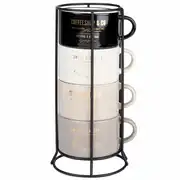 Tasses en céramique noire, crème et beige (x4) et support en métal