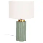Vigo - Lampe en céramique striée verte et dorée et abat-jour en polyester recyclé beige crème 
