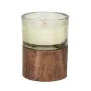 NOMAD - Bougie parfumée en verre vert kaki et socle en bois de schima