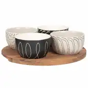 VISBY - Coupelles apéritives en céramique motifs graphiques noirs et beiges (x4) et plateau en acacia