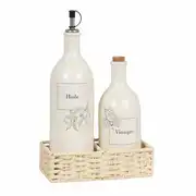INES - Vinaigrier et huilier en céramique blanche motifs noirs au trait plateau tressé en saule