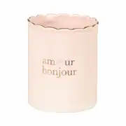 Pot à crayons en porcelaine rose avec liseré doré et gravé amour