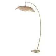 Lampadaire arqué en métal doré et abat jour pétales en rotin H182