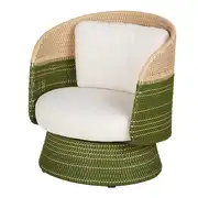 Valencia - Fauteuil pivotant de jardin en résine tressée vert kaki et beige et coussins en polyester recyclé beige