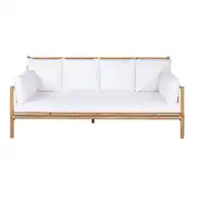 Robie - Banquette 3 places en bambou et coussins blancs